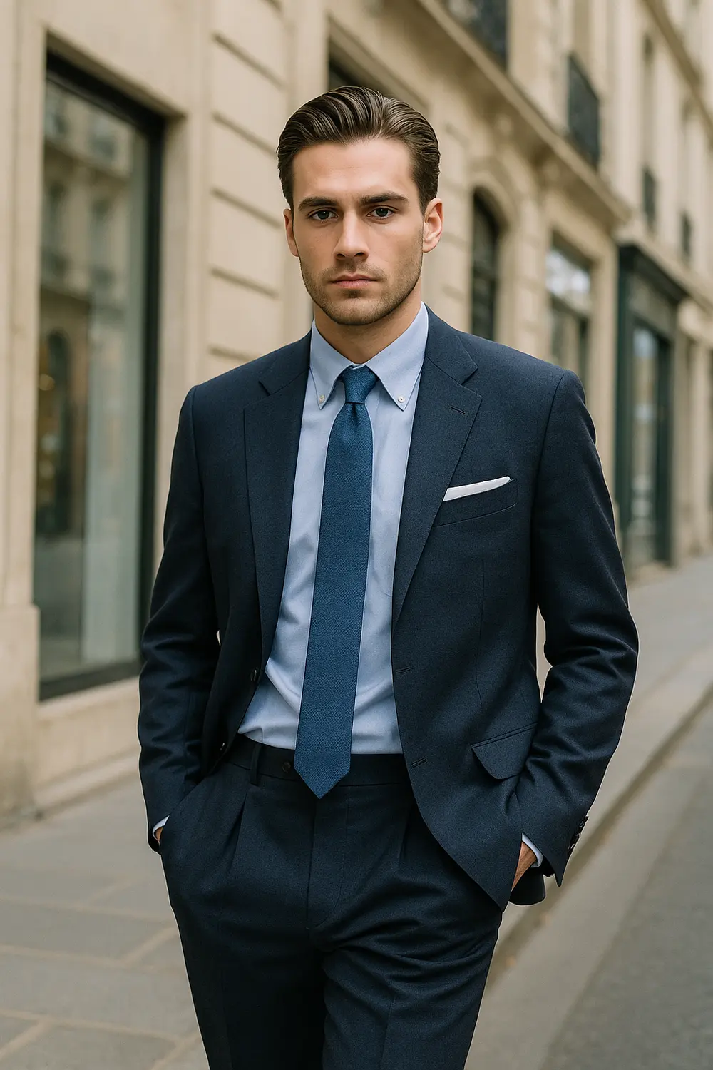 Eleganter Business-Look: Dunkelblauer Anzug mit Marine-Krawatte Stilvoller Mann im dunkelblauen Anzug und hellblauem Hemd mit marineblauer Zeek & Fletcher Krawatte in europäischer Innenstadt