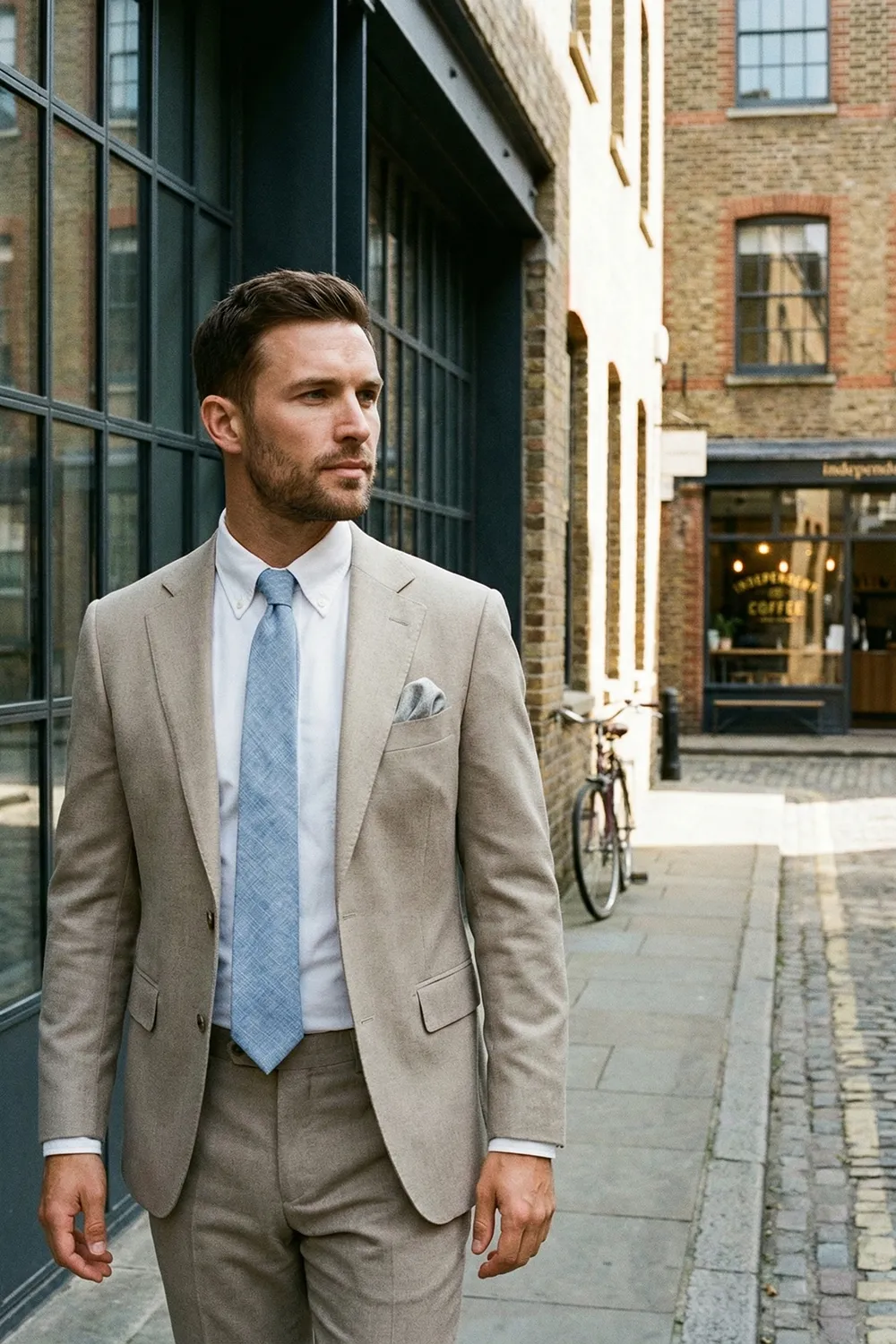 Stilvoller Business-Look: Beiger Anzug mit blauer Zeek & Fletcher Krawatte Lookbook