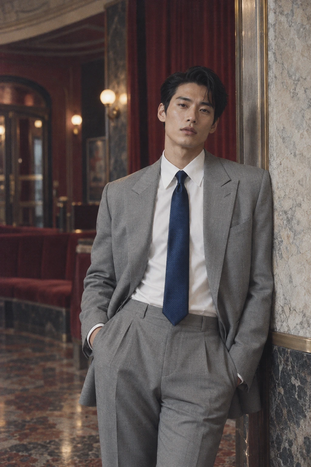Zeek & Fletcher – Heritage Silk – Dunkelblau – Editorial Mann im taubengrauen Anzug mit dunkelblauer Seidenkrawatte Heritage Silk in einem alten Kino-Foyer