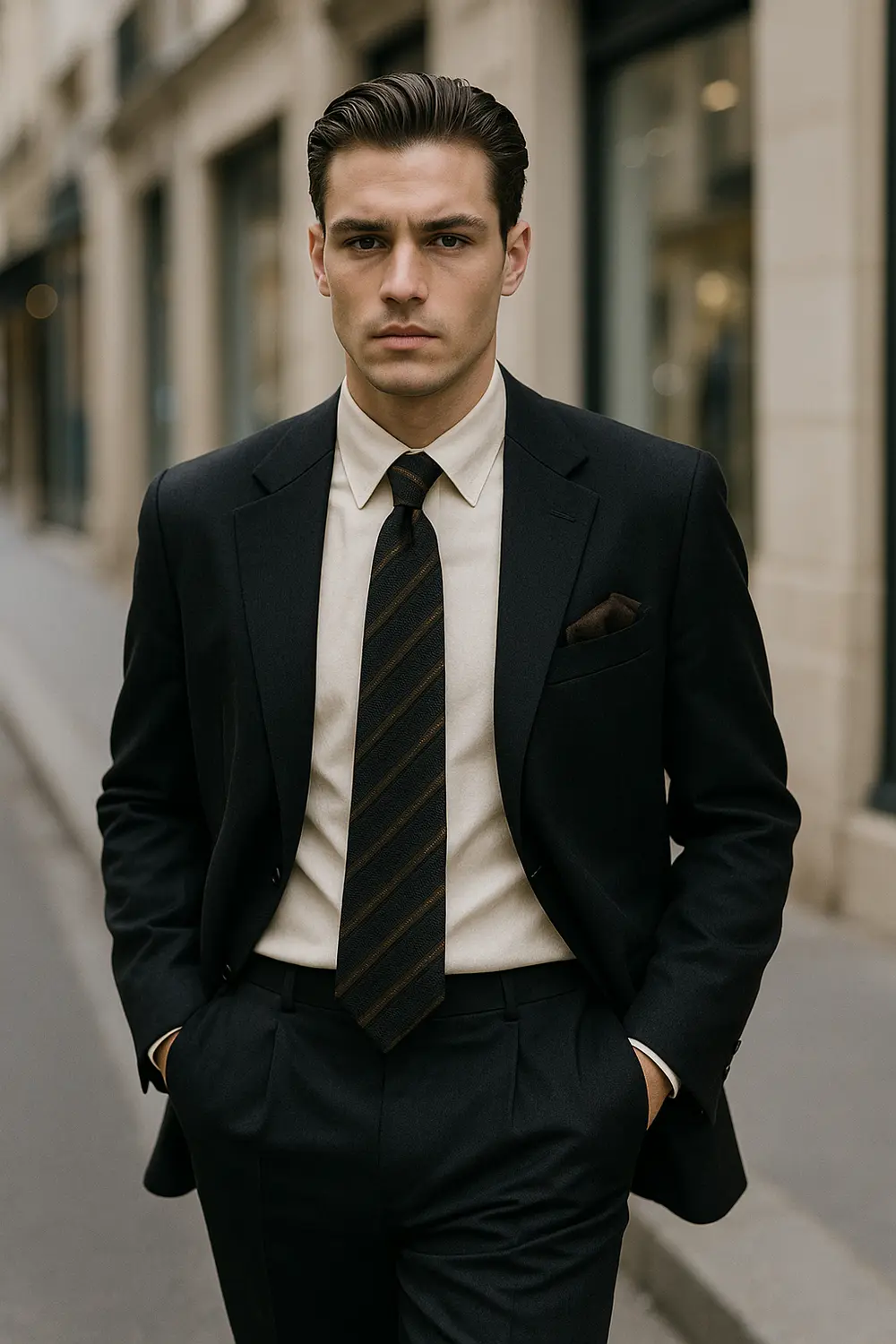 Stilvoller Mann im schwarzen Anzug mit schwarz-brauner Zeek & Fletcher Krawatte in eleganter europäischer Innenstadt.