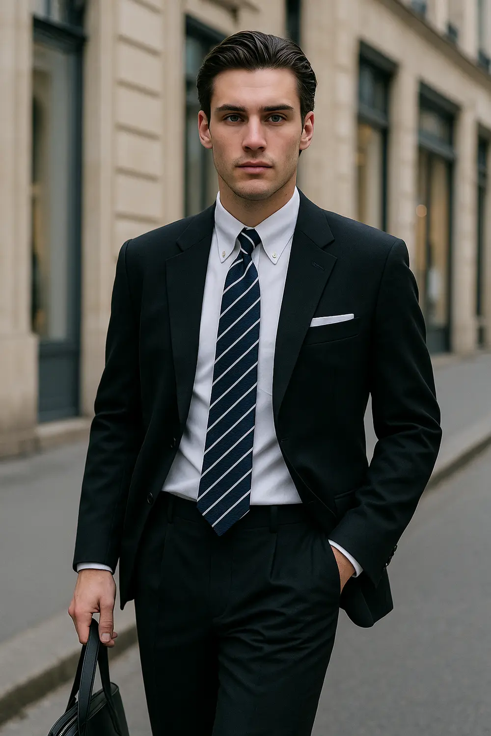 Schwarzer Anzug mit marineblauer Streifenkrawatte in eleganter City Mann im schwarzen Anzug mit marineblauer Streifenkrawatte von Zeek & Fletcher in eleganter europäischer Innenstadt