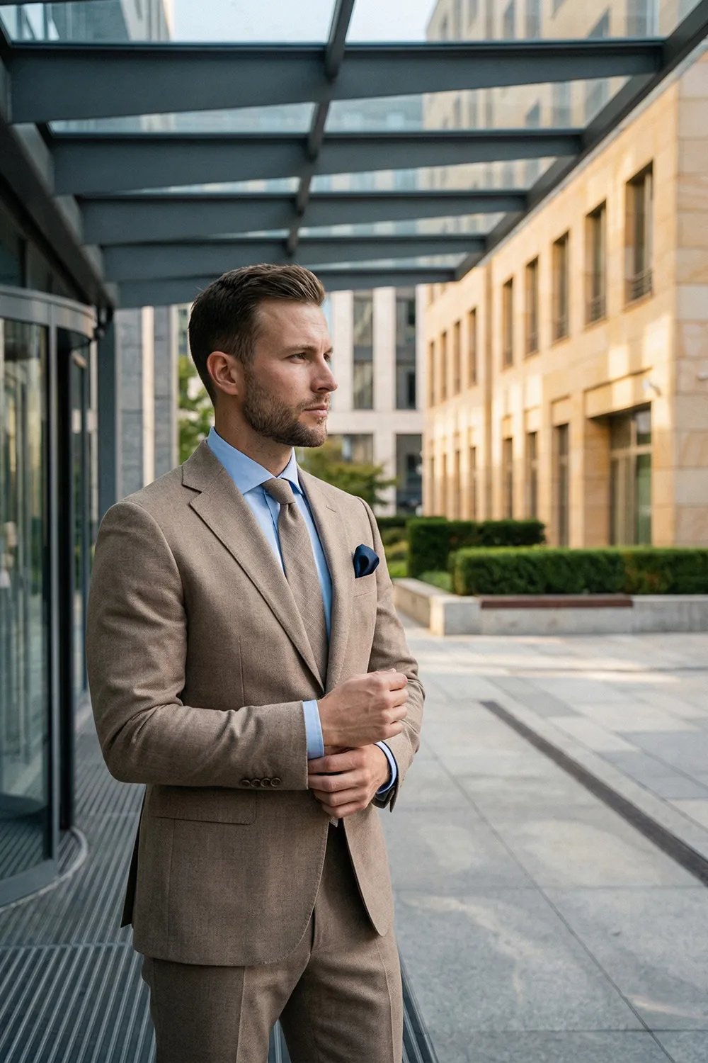 Eleganter Look: Beigefarbener Anzug mit mokkabrauner Zeek & Fletcher Krawatte Lookbook