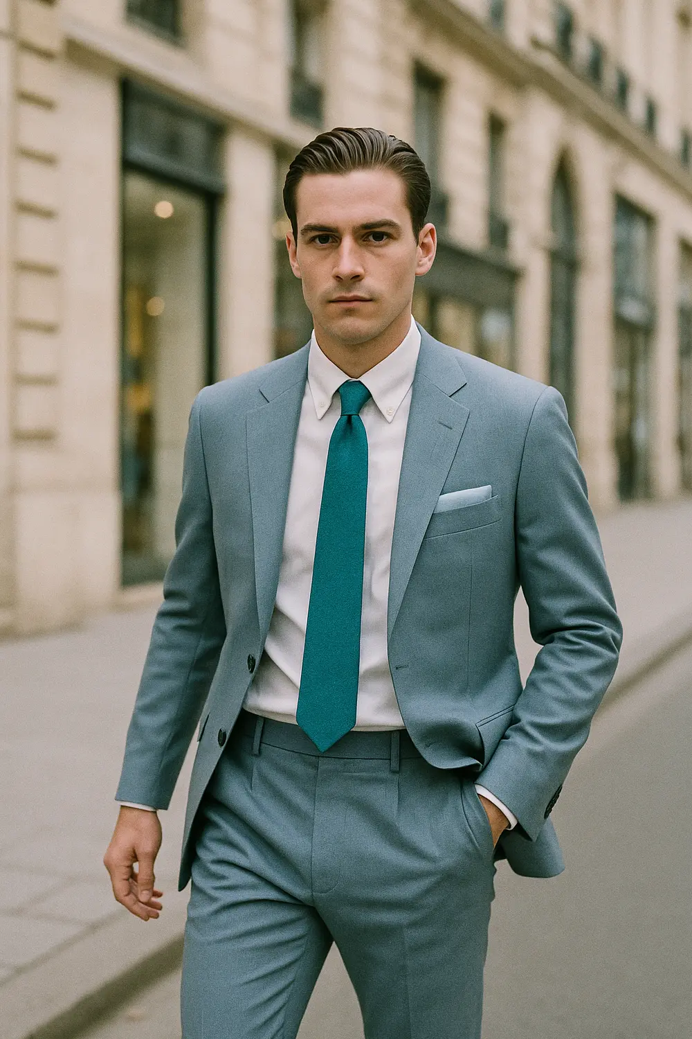 Smart-Casual Look mit hellblauem Anzug & türkiser Zeek & Fletcher Krawatte Mann im hellblauen Anzug mit türkiser Zeek & Fletcher Krawatte und weißem Oxford-Hemd in eleganter Innenstadt.