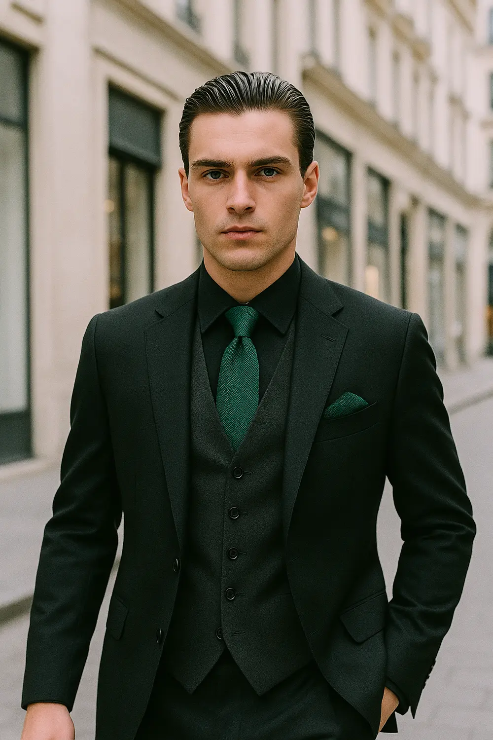Eleganter Look: Schwarzer Anzug mit dunkelgrüner Zeek & Fletcher Krawatte Stilsicherer Mann im schwarzen Anzug mit dunkelgrüner Zeek & Fletcher Krawatte, passend zum Einstecktuch, in eleganter Innenstadt.