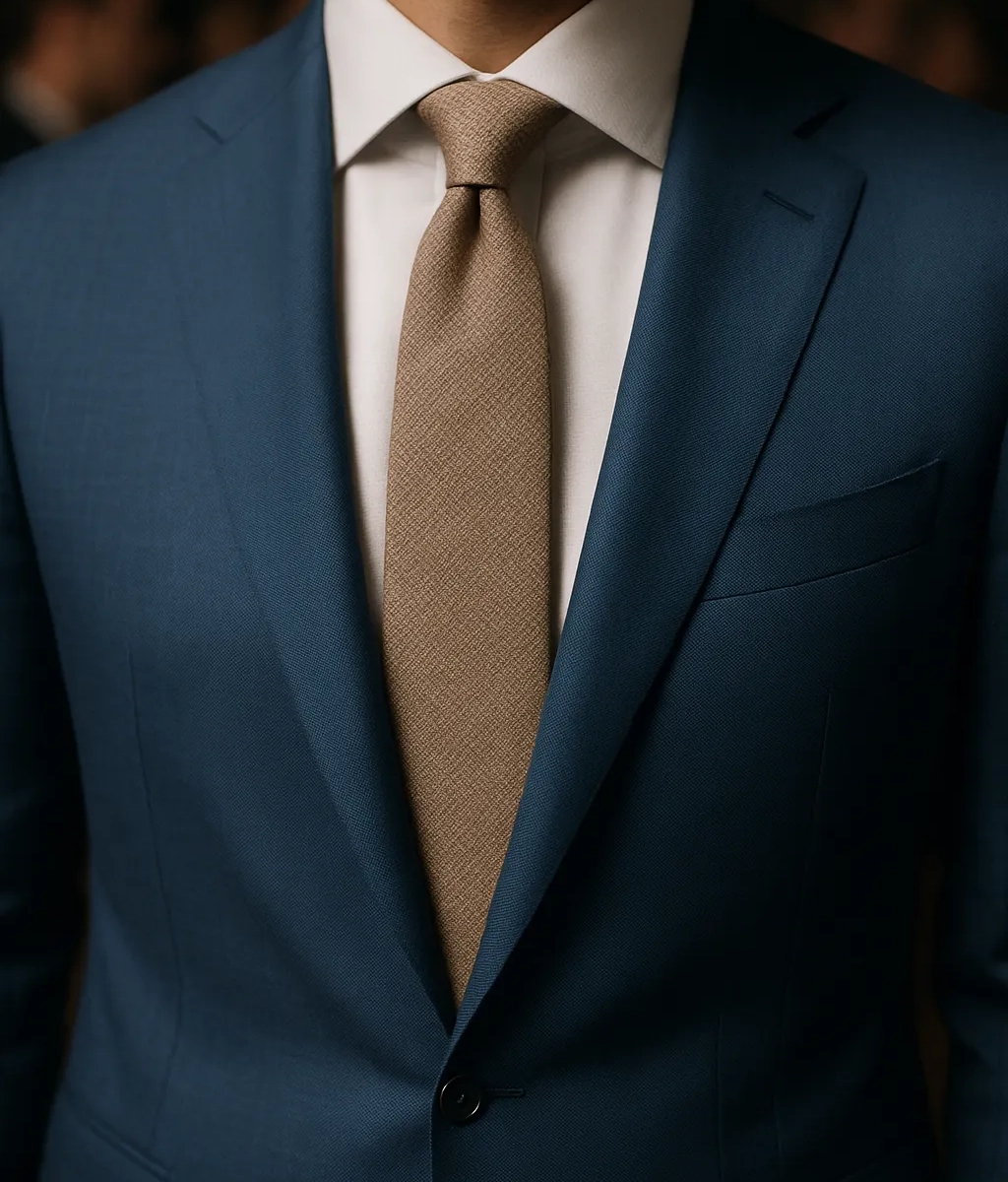 Mittelblauer Anzug mit weißem Hemd und mokkabrauner Krawatte aus Baumwolle, getragen im eleganten Business-Stil.