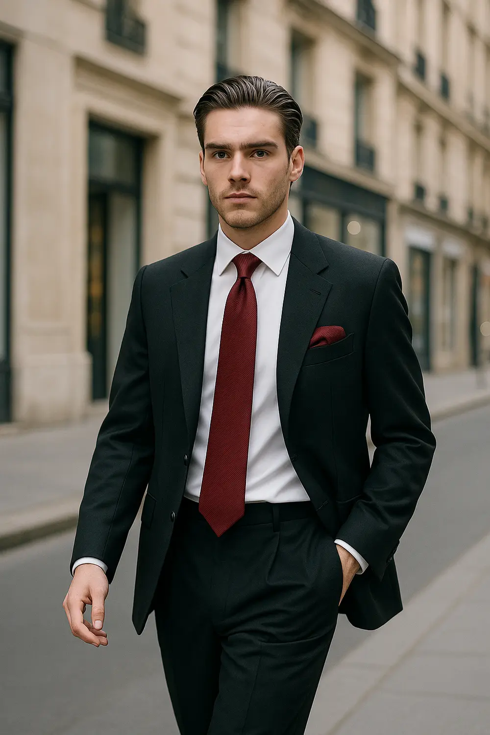 Stilsicherer Mann im schwarzen Anzug mit weinroter Zeek & Fletcher Krawatte in eleganter europäischer Innenstadt.
