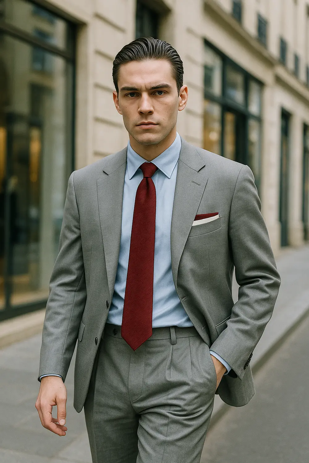 Eleganter Business-Look: Hellgrauer Anzug mit weinroter Krawatte Mann im hellgrauen Anzug mit weinroter Zeek & Fletcher Krawatte, hellblauem Hemd und Einstecktuch in edler europäischer Innenstadt