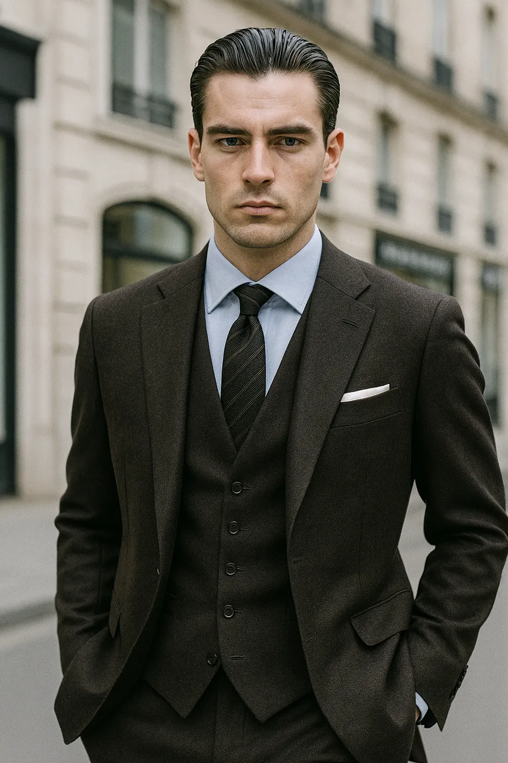 Brauner Anzug mit schwarzer Krawatte – eleganter City-Look entdecken Stilsicherer Mann im espresso-braunen Anzug mit schwarz-brauner Zeek & Fletcher Krawatte in europäischer Innenstadt