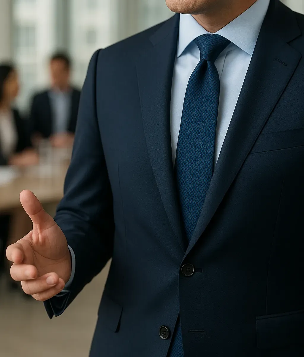 Dunkelblauer Business-Anzug mit hellblauem Hemd und strukturierter Krawatte in Dunkelblau aus der Kollektion Heritage Silk, getragen im Meeting.