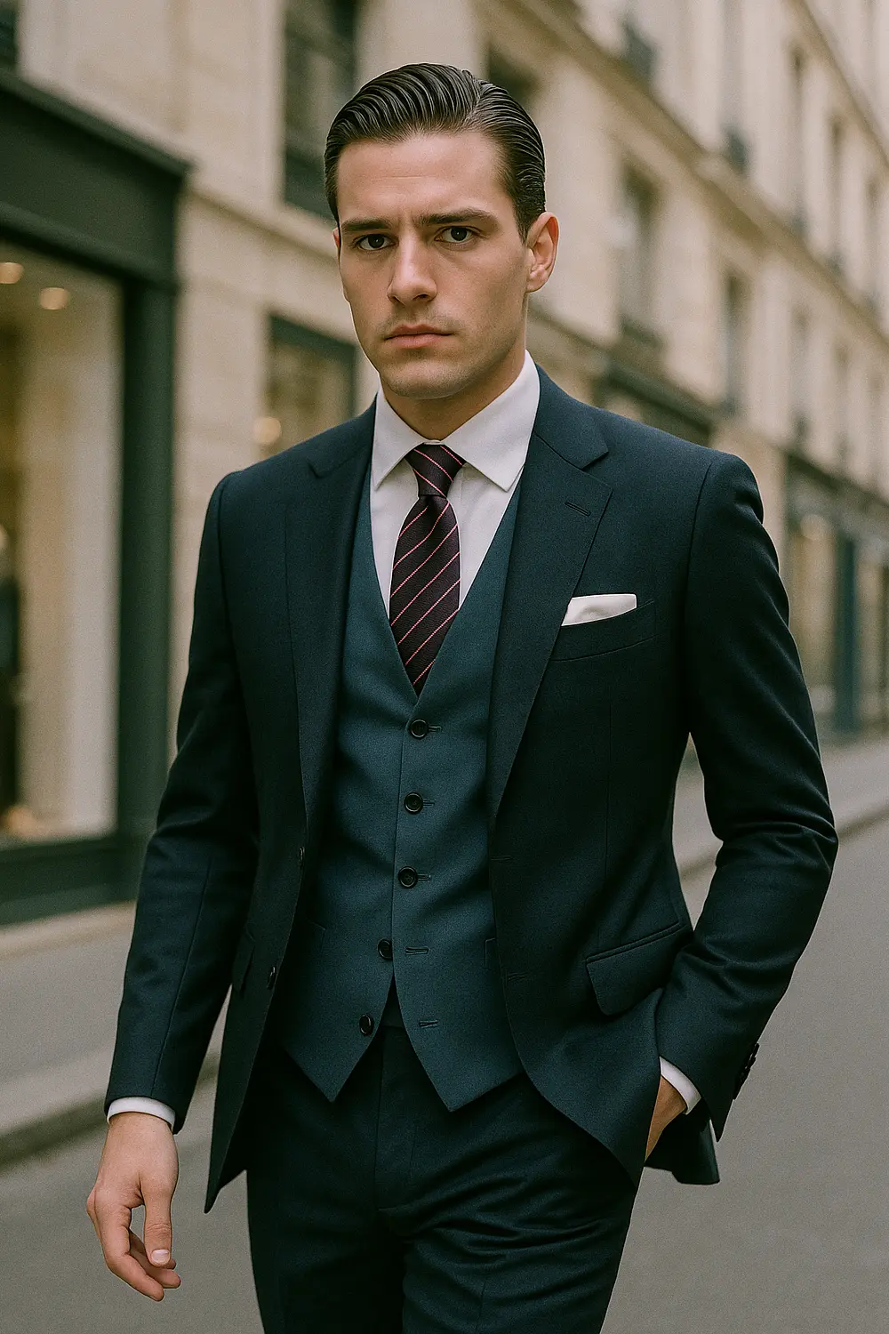 Eleganter Hochzeitsgast im dunkelblauen Anzug mit rosa Krawatte Stilvoller Hochzeitsgast im dunkelblauen Anzug mit rosa gestreifter Krawatte und cremefarbenem Einstecktuch in edler Innenstadt.