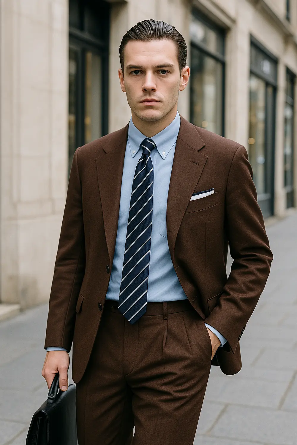 Eleganter Look: Marineblaue Krawatte zum kastanienbraunen Anzug Stilsicherer Mann im kastanienbraunen Anzug mit marineblau gestreifter Zeek & Fletcher Krawatte in europäischer Innenstadt