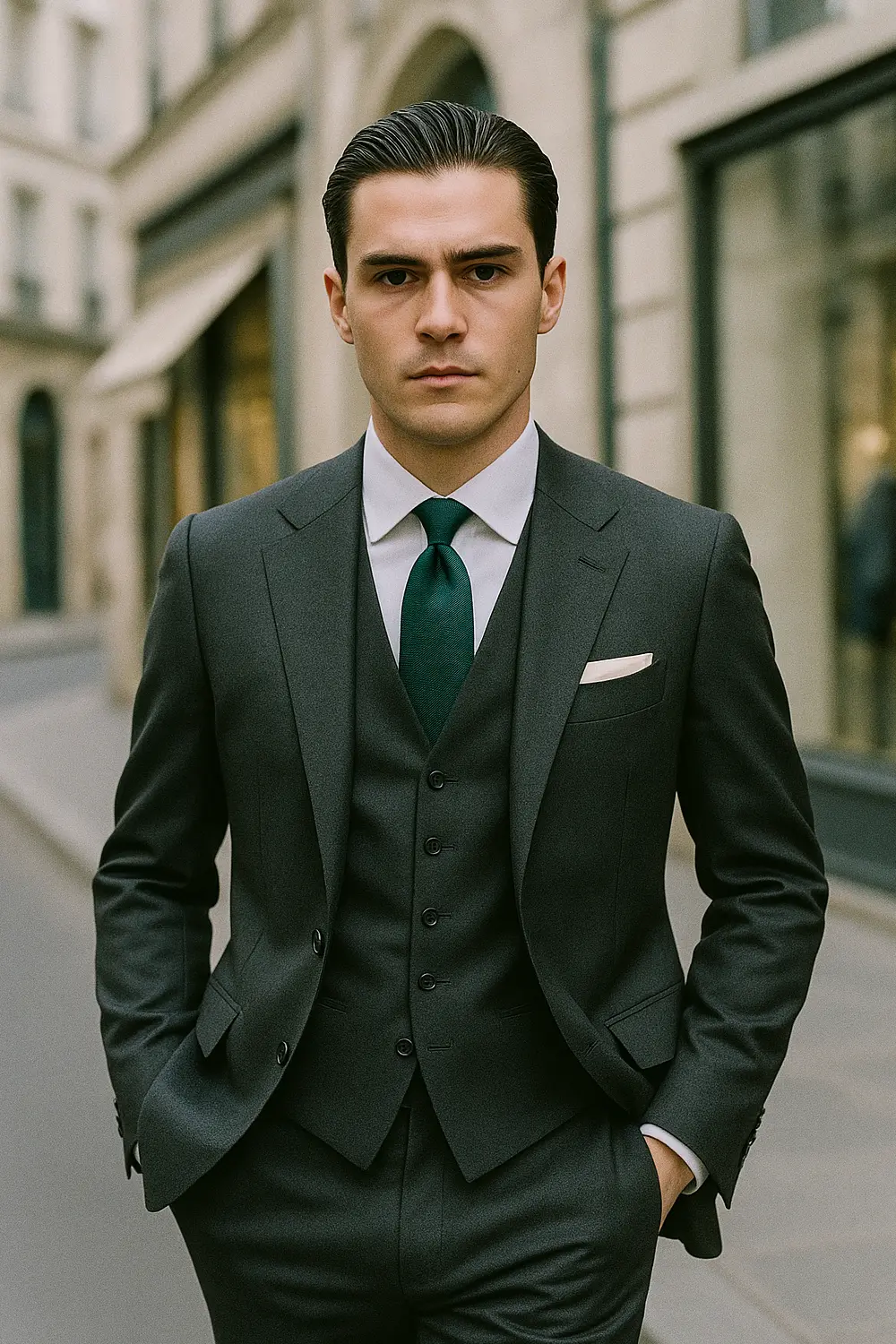 Perfekte Krawattenlänge: Gentleman mit dunkelgrüner Zeek & Fletcher Krawatte Stilsicherer Mann im anthrazitfarbenen Anzug mit dunkelgrüner Zeek & Fletcher Krawatte in eleganter Innenstadt, Fokus auf perfekte Krawattenlänge.