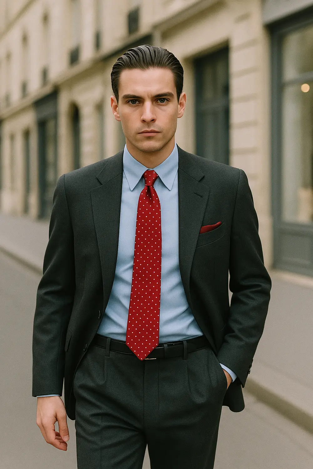 Stilvoll in der City: Rote Krawatte zum anthrazitgrauen Business-Anzug Mann im anthrazitgrauen Anzug mit roter, gepunkteter Krawatte von Zeek & Fletcher in eleganter Innenstadt.