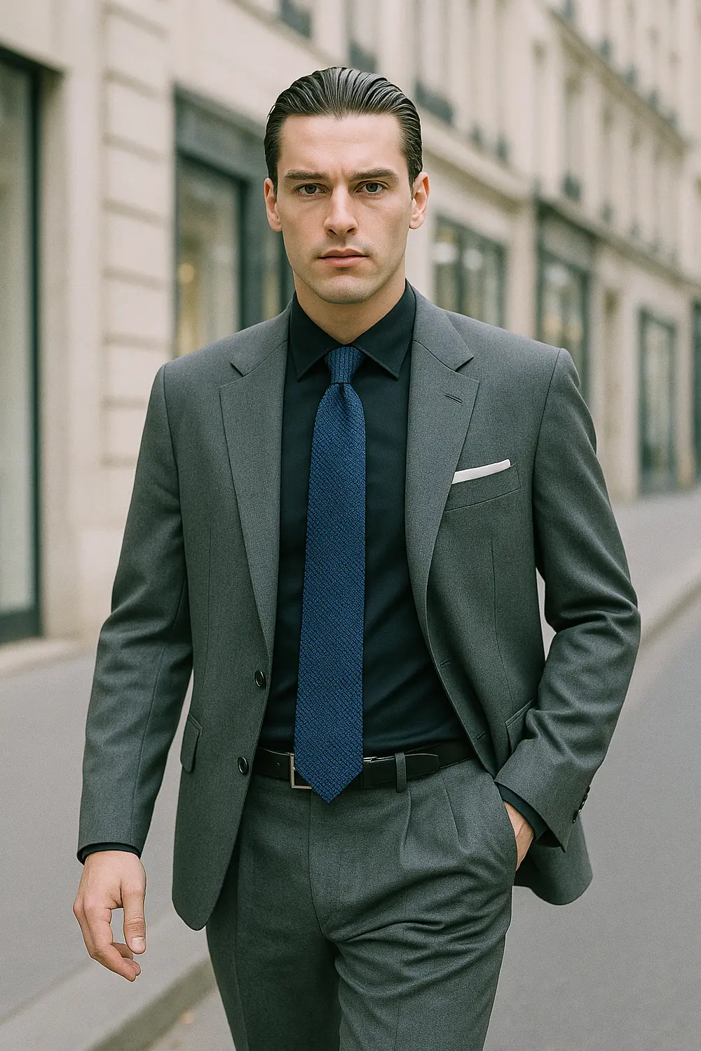 Stilvoller Business-Look: Grauer Anzug mit dunkelblauer Seidenkrawatte Mann im mittelgrauen Anzug mit schwarzem Hemd, dunkelblauer Zeek & Fletcher Seidenkrawatte und weißem Einstecktuch in eleganter europäischer Innenstadt