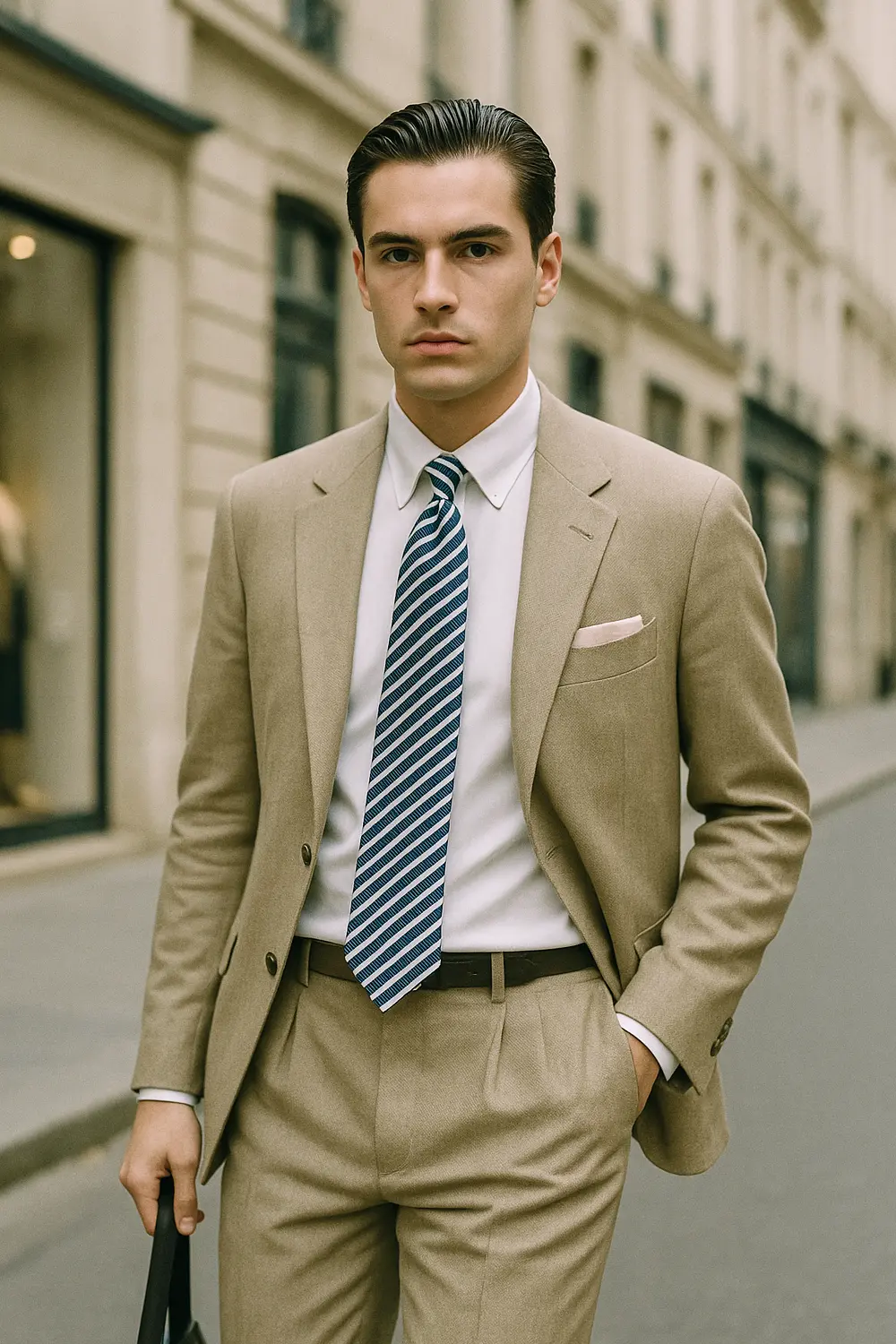 Stilvoll gekleideter Mann im beigefarbenen Anzug mit hellblauer Zeek & Fletcher Krawatte und roséfarbenem Einstecktuch in edler Innenstadt