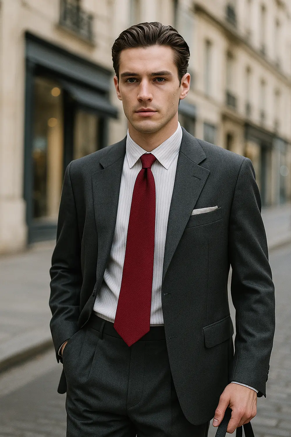 Stilvoller Business-Look mit gestreiftem Hemd & weinroter Krawatte Eleganter Mann in europäischer Innenstadt mit anthrazitfarbenem Anzug, gestreiftem Hemd, weinroter Zeek & Fletcher Krawatte und grauem Einstecktuch