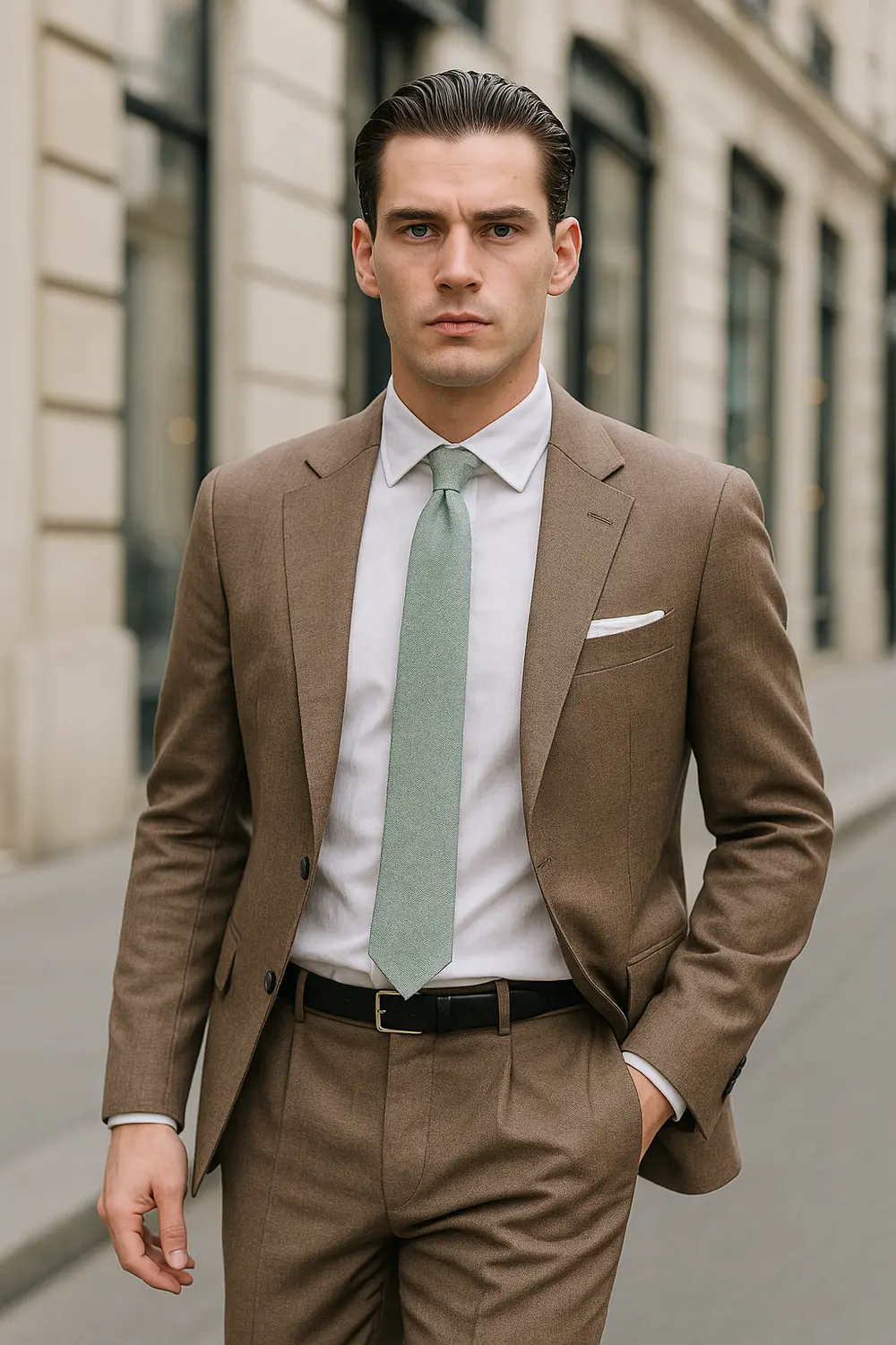 Stylisher Mann im hellbraunen Sommeranzug mit mintgrüner Zeek & Fletcher Krawatte in eleganter europäischer Innenstadt