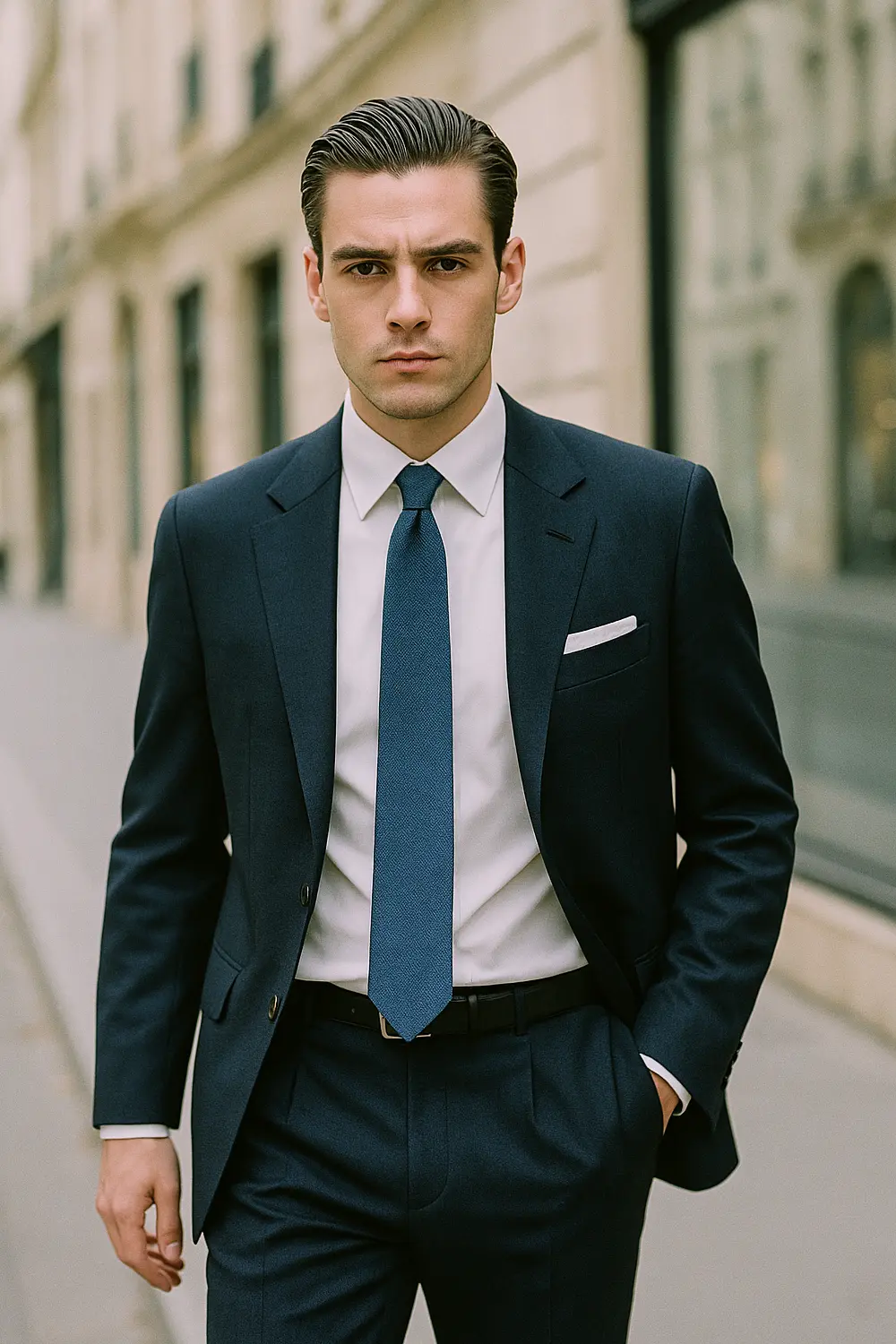 Souveräner Business-Look mit marineblauer Zeek & Fletcher Krawatte Selbstbewusster Mann im dunkelblauen Anzug mit marineblauer Zeek & Fletcher Krawatte auf dem Weg zum Vorstellungsgespräch