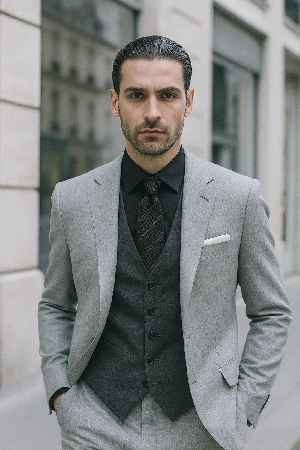Stilvoller Mann im hellgrauen Anzug mit schwarzem Hemd und Zeek & Fletcher Krawatte in einer europäischen Innenstadt