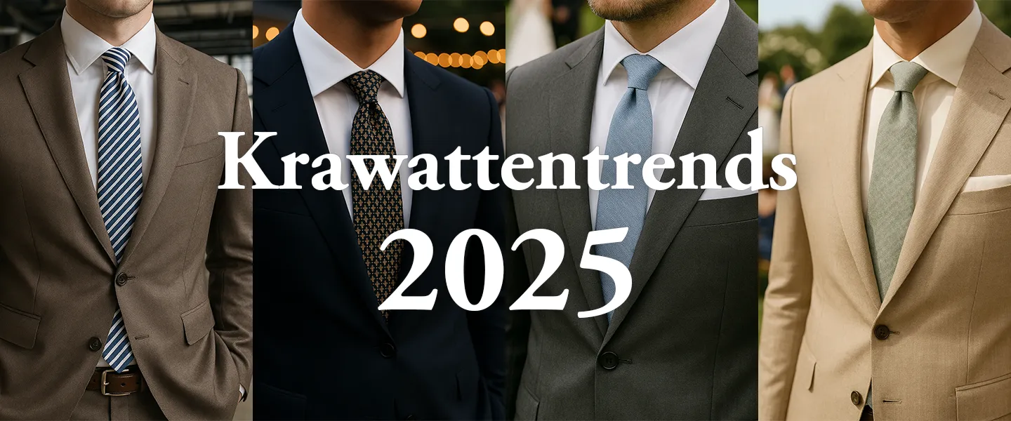 Krawattentrends 2025: vier Anzug-Looks – Braun mit blau gestreifter Krawatte, Navy mit Microprint, Anthrazit mit blau-grauer Uni, Sand mit mintgrüner Baumwollkrawatte; Titel zentral.
