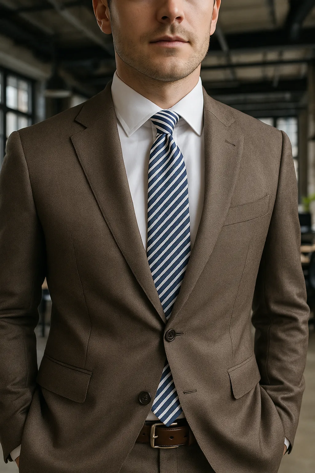 Krawatte »Oxford Classics« marineblau gestreift von Zeek & Fletcher, kombiniert mit braunem Anzug – moderner, seriöser Auftritt im Büro.
