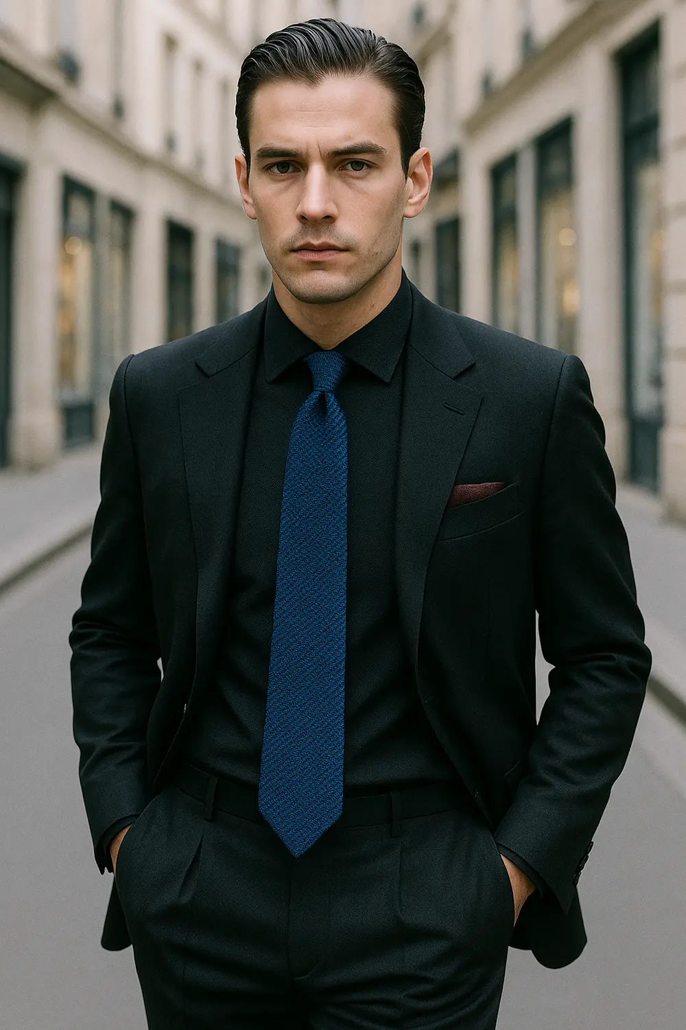 Eleganter Business-Look: Schwarzer Anzug mit dunkelblauer Seidenkrawatte Mann im schwarzen Anzug und schwarzem Hemd mit dunkelblauer Seidenkrawatte und bordeaux Einstecktuch in edler Innenstadt