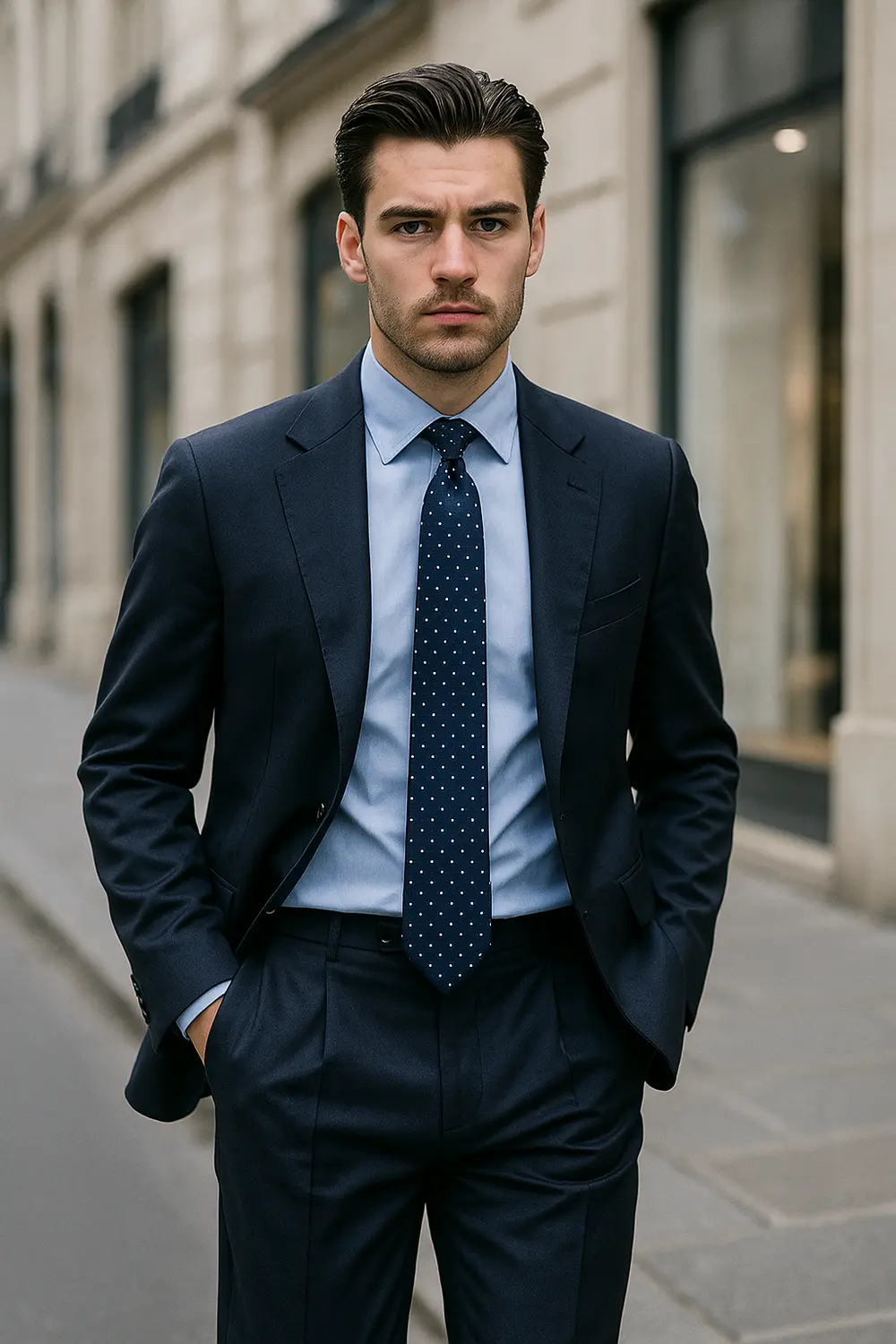 Stilvoller Mann im dunkelblauen Anzug mit hellblauem Hemd und marineblau-gepunkteter Zeek & Fletcher Krawatte in europäischer Innenstadt.