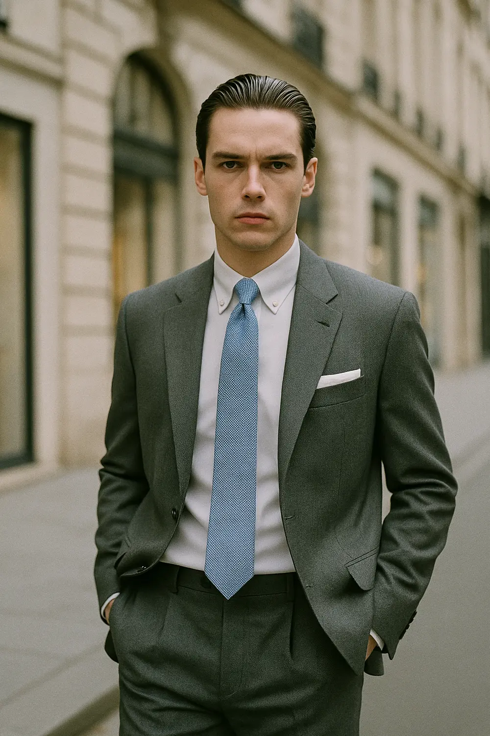 Stilsicherer Mann im grauen Anzug und weißem Hemd mit hellblauer gepunkteter Zeek & Fletcher Krawatte in der City