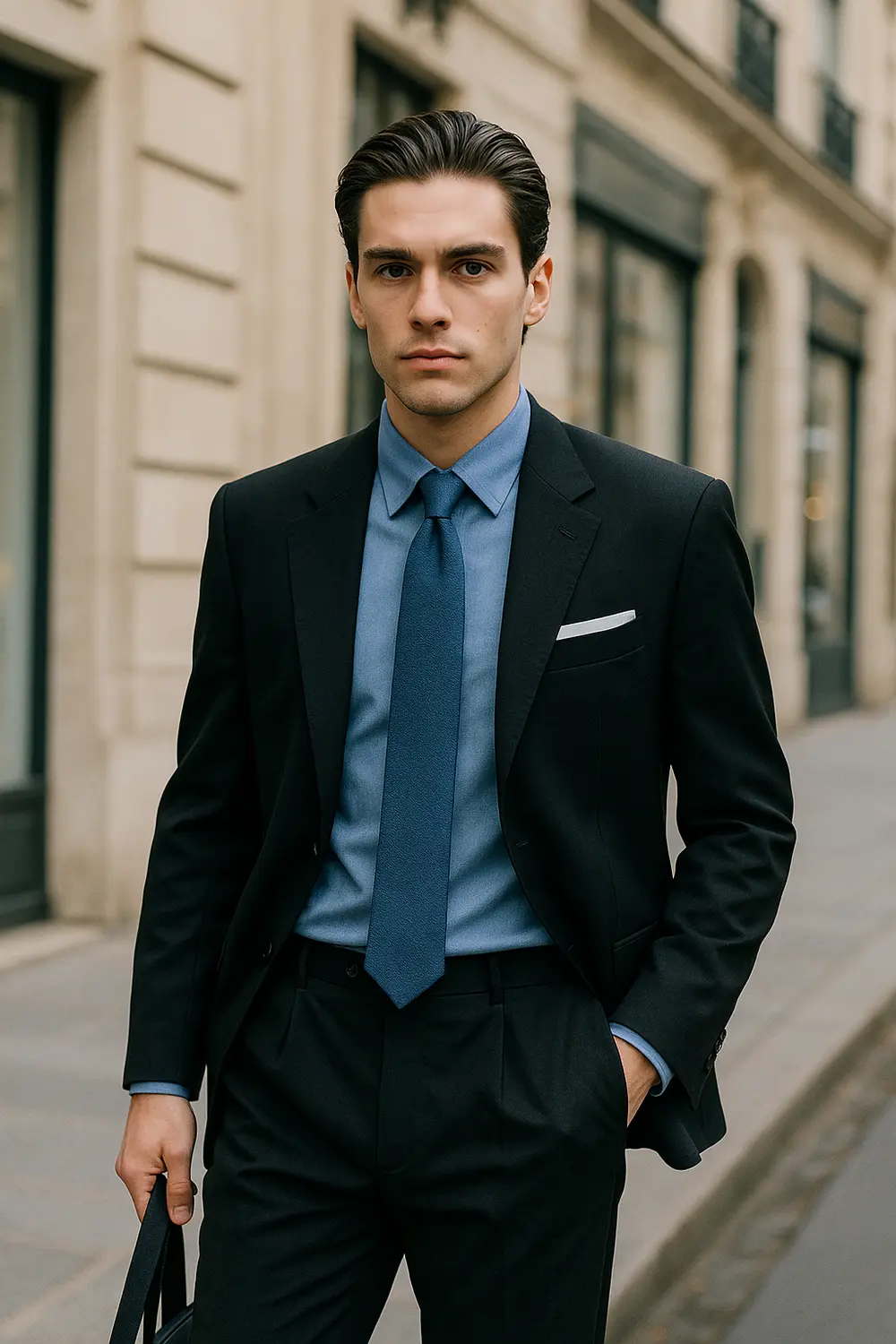 Stilvoller Mann im schwarzen Anzug mit mittelblauem Hemd und marineblauer Zeek & Fletcher Krawatte in hochwertiger Innenstadt