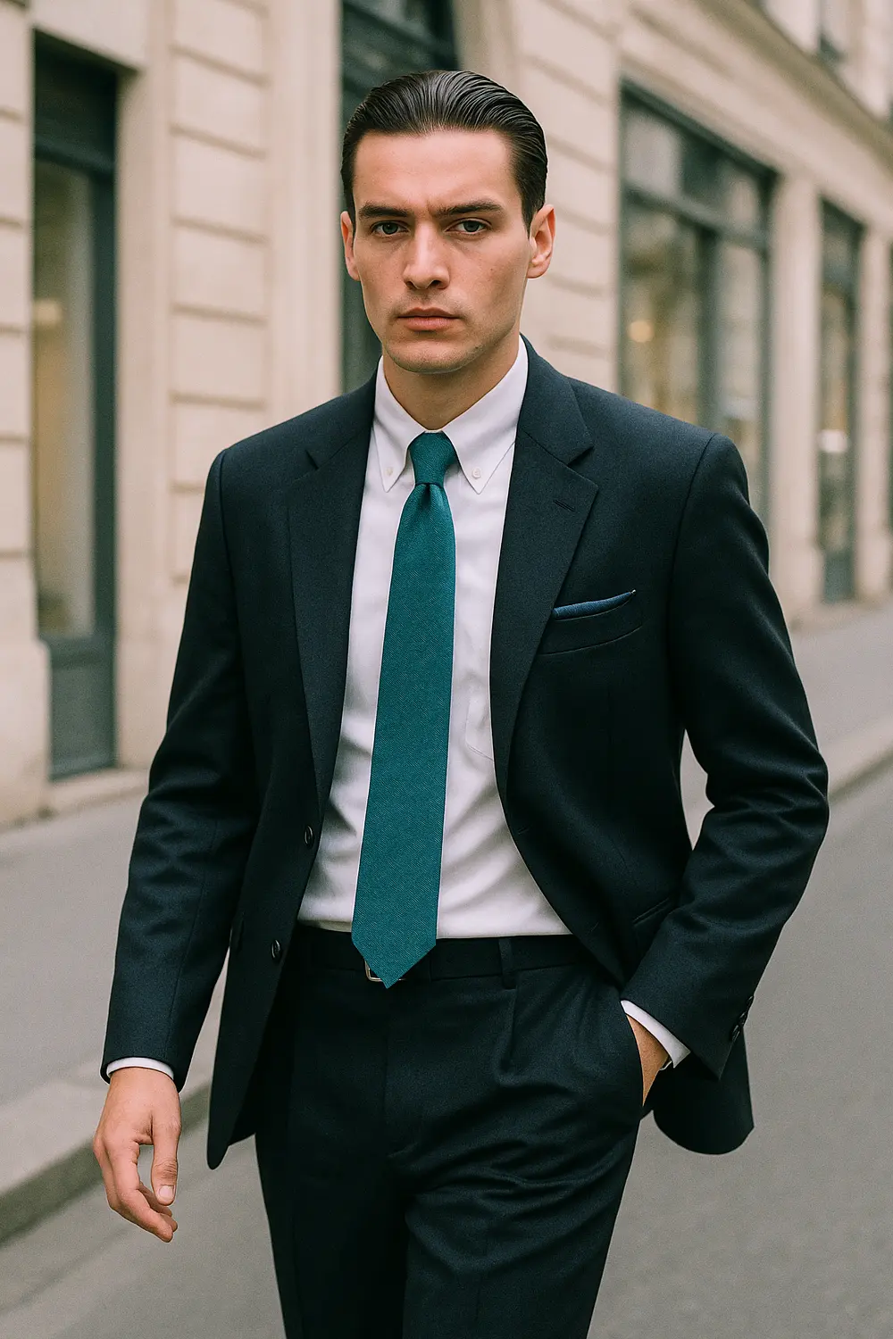 Mann im navyblauen Anzug mit türkisfarbener Zeek & Fletcher Krawatte geht selbstbewusst durch elegante Innenstadt mit Boutiquen.