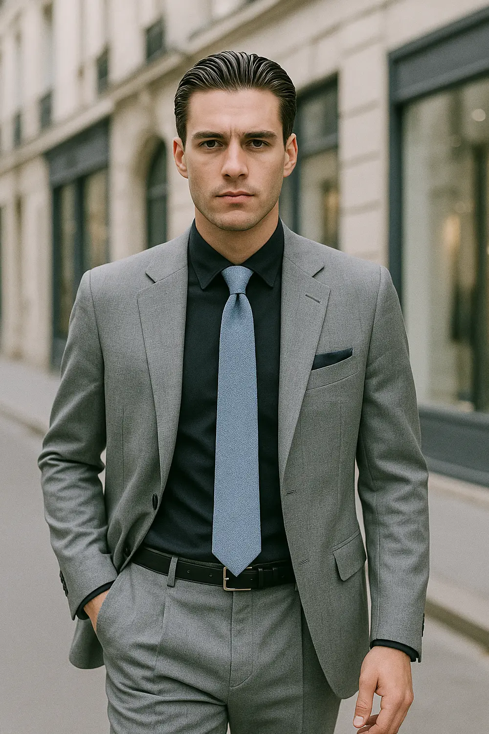 Stilvoller Mann im grauen Anzug und schwarzem Hemd mit blau-grauer Zeek & Fletcher Krawatte in eleganter europäischer Innenstadt.