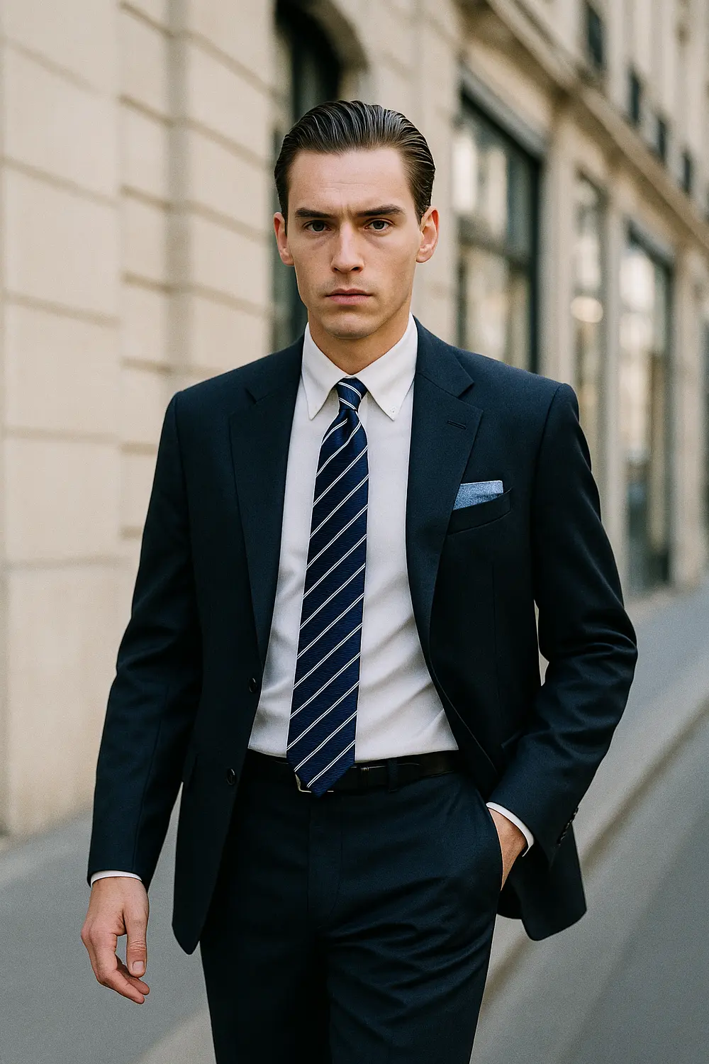 Krawattenlänge perfekt bestimmen – stilvoller Business-Look in der City Eleganter Mann mit marineblauer gestreifter Zeek & Fletcher Krawatte im dunkelblauen Anzug in moderner Innenstadt