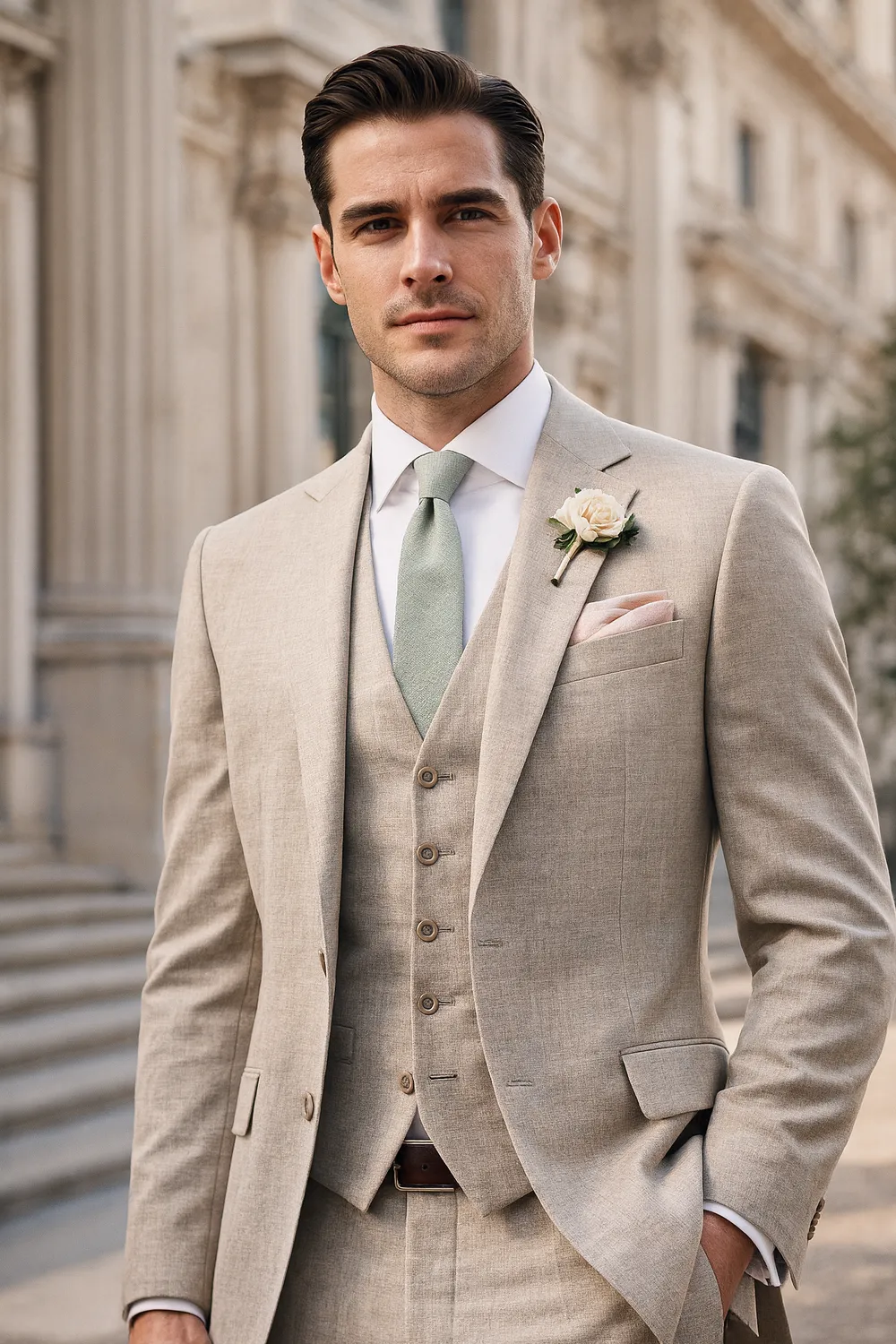 Bräutigam-Stil: Mintgrüne Krawatte zum sandfarbenen Hochzeitsanzug Eleganter Bräutigam im sandfarbenen Anzug mit mintgrüner Zeek & Fletcher Krawatte und rosé Einstecktuch in edler Innenstadt.