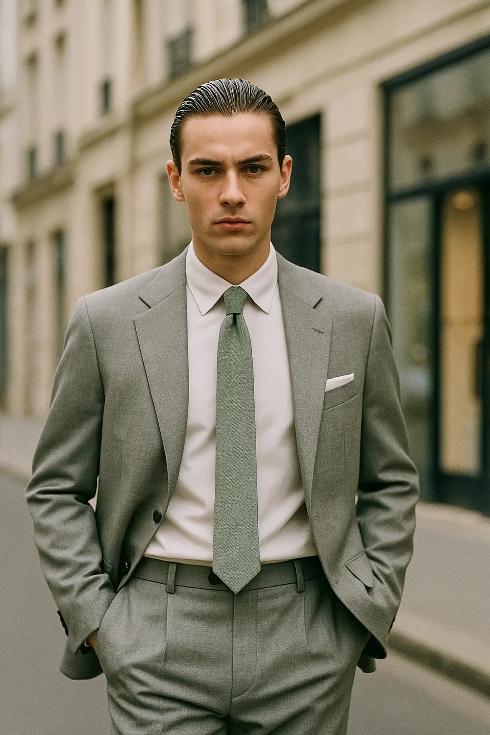 Perfekte Krawattenlänge im Business-Look mit mintgrüner Krawatte Eleganter Mann im hellgrauen Anzug mit mintgrüner Zeek & Fletcher Krawatte, geht selbstbewusst durch edle Innenstadt, Fokus auf perfekte Krawattenlänge.