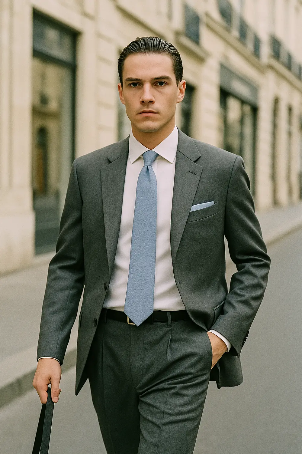 Selbstbewusster Business-Look: Perfekte Krawatte fürs Job-Interview Mann im mittelgrauen Anzug mit blau-grauer Zeek & Fletcher Krawatte und hellblauem Einstecktuch, selbstbewusst in edler Innenstadt