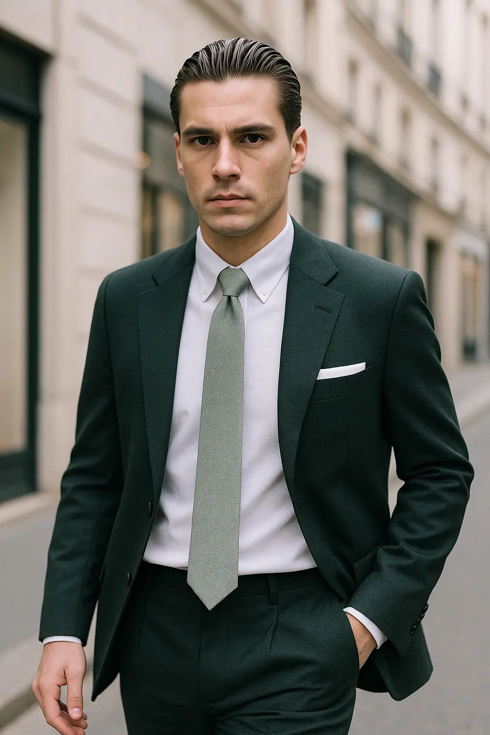 Stilvoller Look: Grüner Anzug mit mintgrüner Krawatte von Zeek & Fletcher Eleganter Mann im dunkelgrünen Anzug mit mintgrüner Krawatte und weißem Hemd in hochwertiger europäischer Innenstadt.