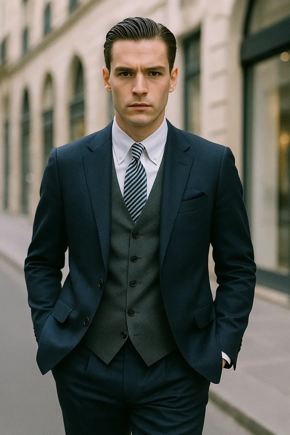 Eleganter Mann im marineblauen Anzug mit hellblau gestreifter Zeek & Fletcher Krawatte und weißem Oxford-Hemd in hochwertiger Innenstadt.