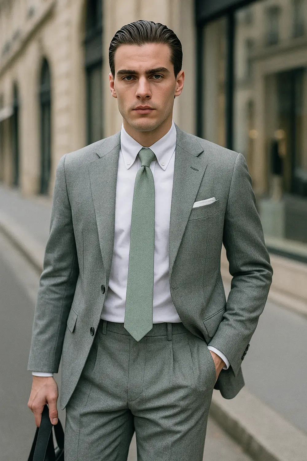 Mann im hellgrauen Anzug mit mintgrüner Zeek & Fletcher Krawatte in eleganter europäischer Innenstadt, weißes Hemd und Leinen-Einstecktuch.