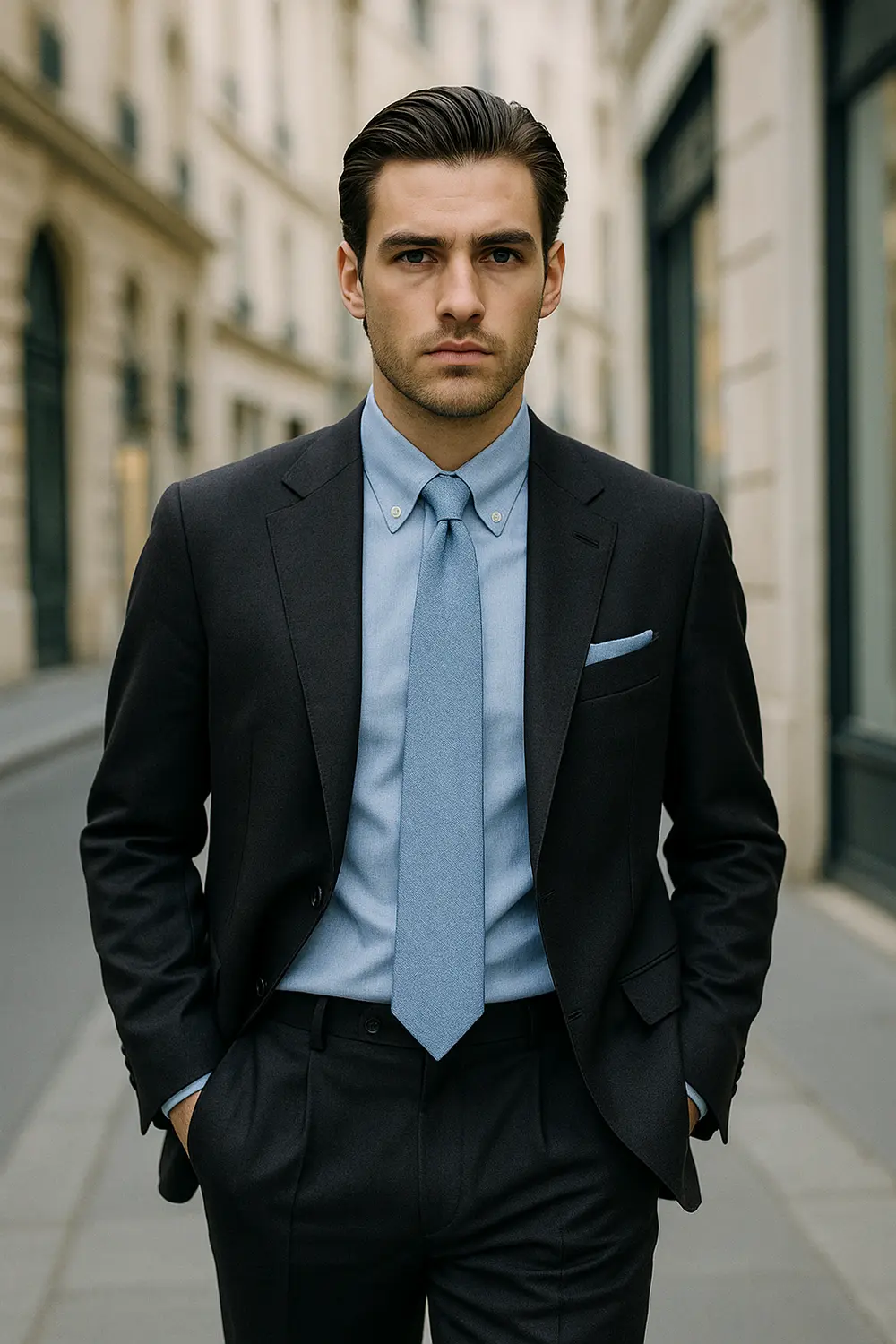 Eleganter Business-Look: Dunkelblauer Anzug mit Zeek & Fletcher Krawatte Stilvoller Mann im dunkelblauen Anzug und hellblauem Hemd mit blau-grauer Zeek & Fletcher Krawatte in europäischer Innenstadt