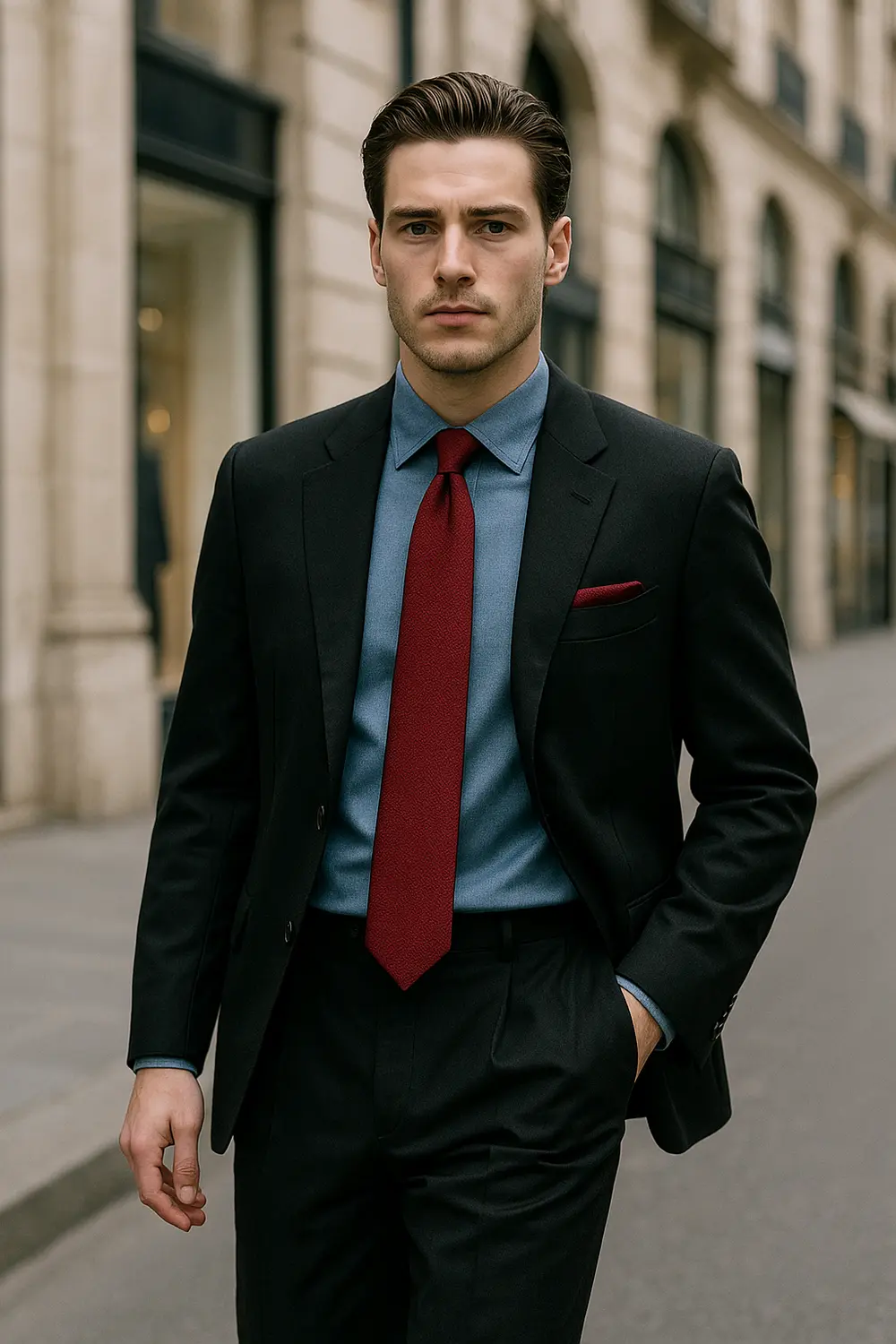 Stilvoller Mann in schwarzem Anzug, blauem Hemd und weinroter Zeek & Fletcher Krawatte in europäischer Innenstadt