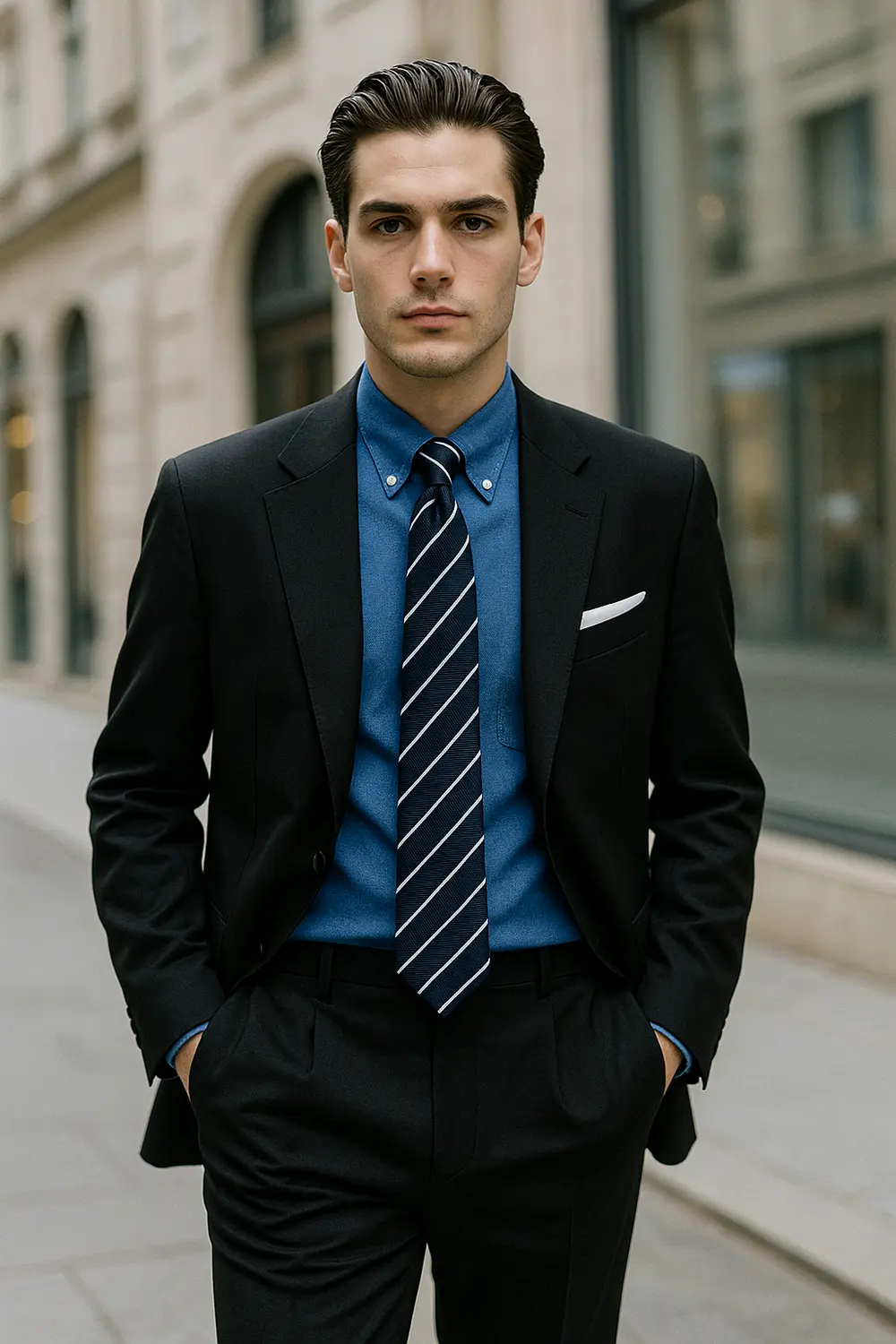 Stilvoller Mann im schwarzen Anzug und blauem Hemd mit marineblau gestreifter Krawatte in edler Innenstadt