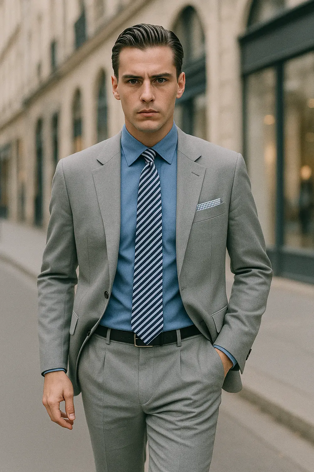 Grauer Anzug, blaues Hemd: Perfekte hellblaue Business-Krawatte Stilsicherer Mann im hellgrauen Anzug mit mittelblauem Hemd, hellblauer Zeek & Fletcher Streifenkrawatte und passendem Gingham-Einstecktuch in eleganter Innenstadt