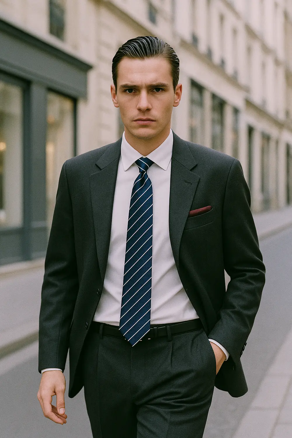 Mann im dunkelgrauen Anzug mit marineblau gestreifter Zeek & Fletcher Krawatte in eleganter Innenstadt mit Boutiquen.