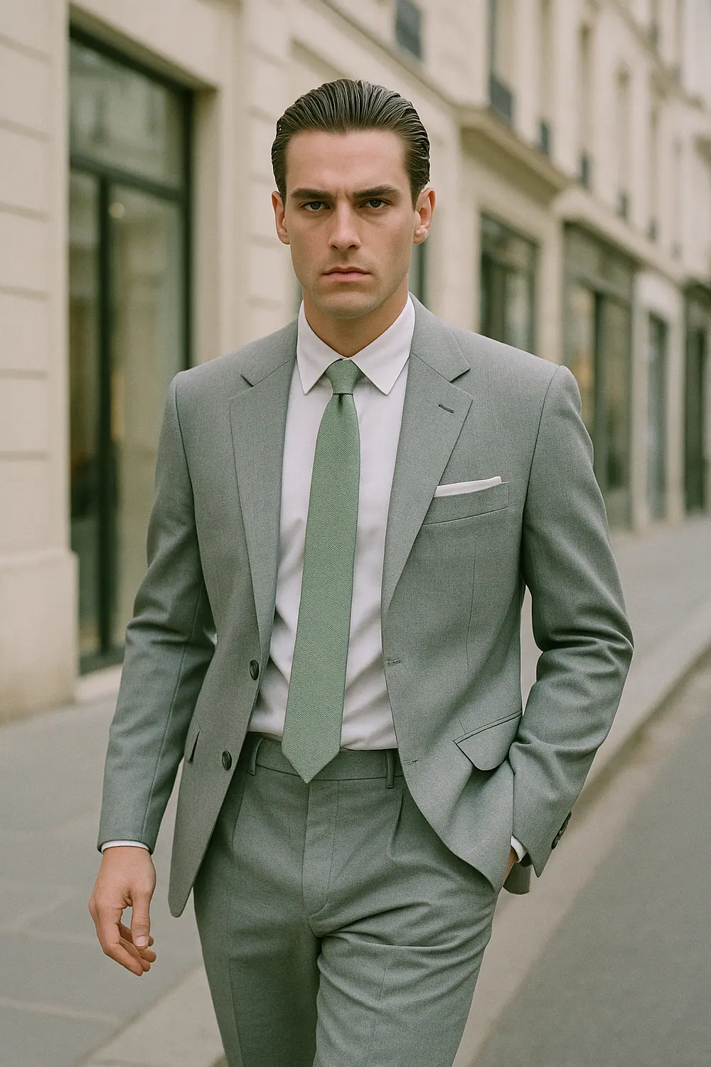 Eleganter City-Look mit mintgrüner Krawatte von Zeek & Fletcher Stilvoller Mann im hellgrauen Anzug mit mintgrüner Zeek & Fletcher Krawatte in eleganter Innenstadt mit Boutiquen.